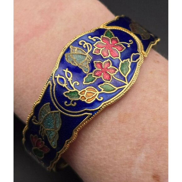 Vintage 1980's Blue Butterfly Cloisonne Goldtone Bracelet - Picture 2 of 9